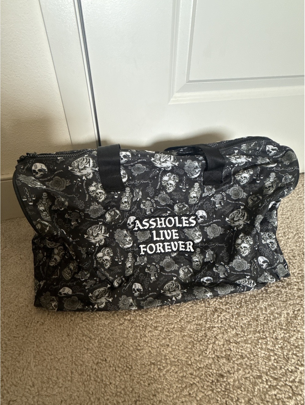 ALF Black Skull & Rose Duffle Bag Y2K Emo Goth Travel Bag